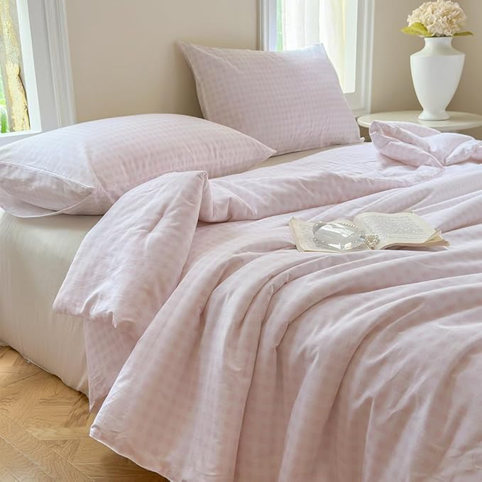 NSNLGSGC Pink Gingham Cotton Comforter Set King, 100% Washed Cotton Red Plaid Checked Comforter Bedding, 3 Pieces Vintage Farmhouse Grid Bedding Set(Pink Gingham, King)