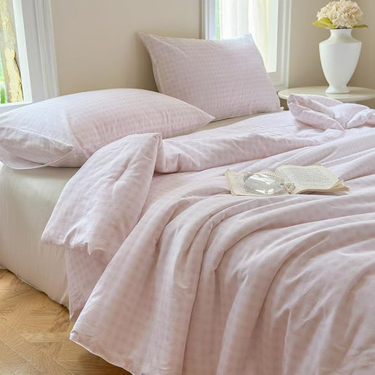NSNLGSGC Pink Gingham Cotton Comforter Set Queen, 100% Washed Cotton Plaid Checked Comforter Bedding, 3 Pieces Vintage Farmhouse Grid Bedding Set(Pink Gingham, Queen)