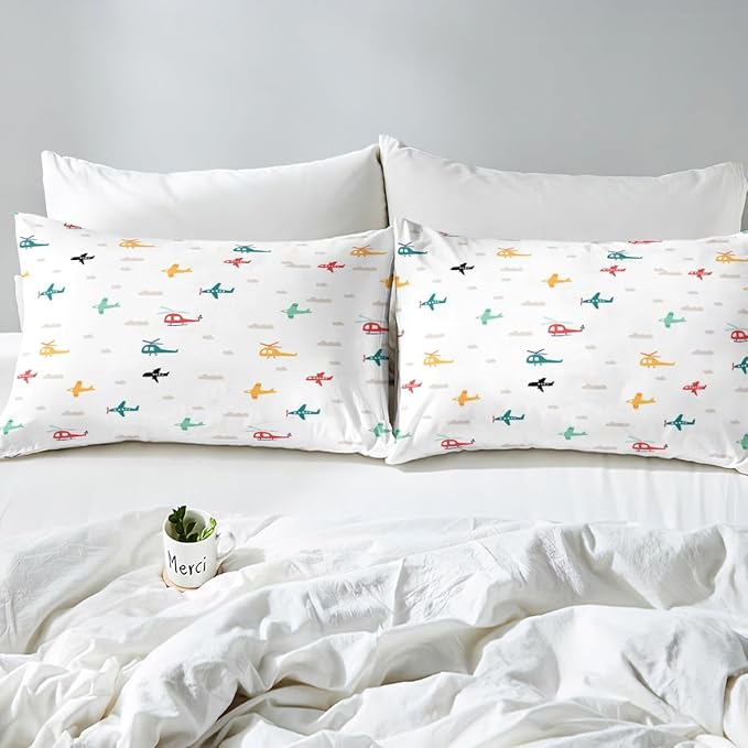 Kids Aircraft Bed Sheets Set Watercolor Transportation Vehicles Fitted Sheet Boys Airplanes Bedding Bedroom Decor Colorful Helicopter Sheets (Full Flat Sheet & Fitted Sheet with 2 Pillow Case)