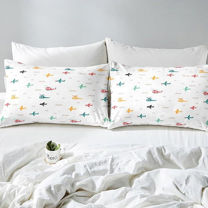 Castle Fairy Kids Aircraft Bedding Set Watercolor Transportation Vehicles Duvet Cover Set Boys Airplanes Comforter Cover Colorful Helicopter Bedroom Quilt Cover Queen with 2 Pillowcase,No Comforter