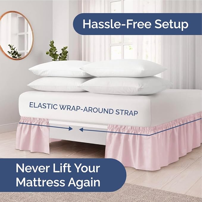 Wrap Around Dust Ruffle Bed Skirt - Lavender Pink - for Full Size Beds w/ 12 Inch Drop - Easy Fit Elastic Strap - Adjustable Pleated Bedskirt w/Brushed Fabric - Wrinkle Free, Women, Men, Kids & Teens