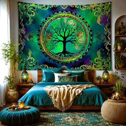 Delur Tree of Life Tapestry Green Nature Bohemian Mandala Spiritual Tapestry Wall Hanging Mystical Landscape Hippie Psychedelic Headboard for Bedroom Living Room Home Decor (51.2" x 59.1")