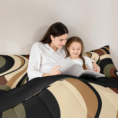 Green Brown Spiral Bedding Full Size for Adult Women Men Modern Swirls Stripes Abstract Comforter for Minimalists Boho Aesthetic Geometric Bed Sets Graffiti Art Lines Quilt Duvet Insert