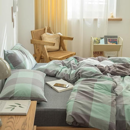 FACE TWO FACE Bedding Duvet Cover Set100% Washed Cotton Duvet Cover Linen Like Textured Breathable Durable Soft Comfy (King, Light Green Grid)