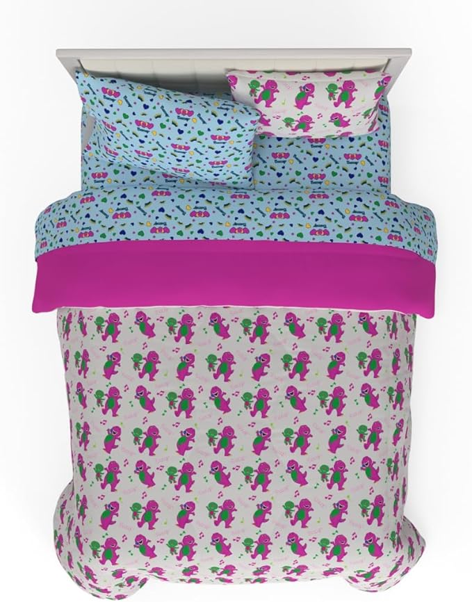 Barney & Friends Bedding 7 Piece Super Soft Reversible Comforter and Sheet Set with Sham, Queen, (Officially Licensed Product) By Franco