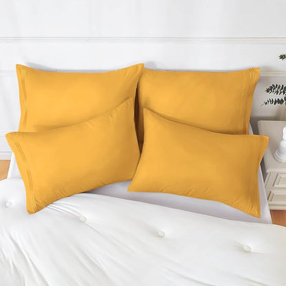 YIYEA Pillow Cases Queen Size Set of 4, Ultra Soft 1800TC Hotel Quality Double Brushed Microfiber Embroidered Pillowcases, Envelope Closure, Fade Resistant (20"x30", Yellow)
