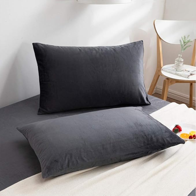 NTBAY 2 Pack Zippered Velvet Queen Pillowcases, Super Soft and Cozy Luxury Fuzzy Flannel Pillow Cases with Zipper, 20x30 Inches, Charcoal Grey