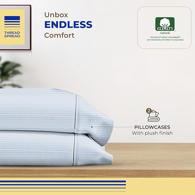 Thread Spread 100% Egyptian Cotton Pillow Cases Queen Size Set of 2 - Luxury 600 Series Bliss Collection Queen Pillow Cases (Light Blue Stripe), Soft Cooling Hotel Cotton Pillowcases, Sateen Finish