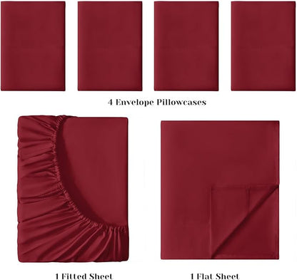 BYSURE 6 Pieces Bed Sheets Set(Full, Burgundy) - Hotel Luxury Super Soft 1800 Thread Count 100% Microfiber Sheets with Deep Pockets, Wrinkle & Fade Resistant