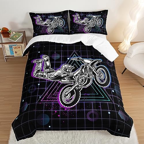 HOSIMA Motorcycle Racer Comforter Extreme Sports Theme Bedding Set for Kids Teens Men, Queen Size, Purple Line Grid Black Comforter with 2 Pillowcases
