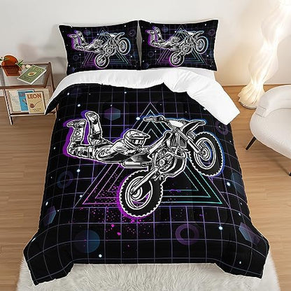HOSIMA Motorcycle Racer Comforter Extreme Sports Theme Bedding Set for Kids Teens Men, Queen Size, Purple Line Grid Black Comforter with 2 Pillowcases