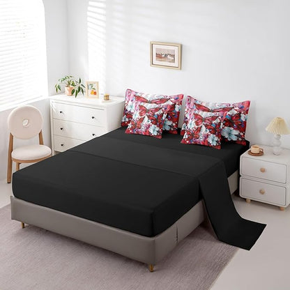Erosebridal Girls Red Butterfly King Comforter Set 7 Piece White Flowers Oil Painting Boho Bedding Set Retro Hippie Floral Butterfly Bed in A Bag for Kids Women,Aesthetics Bohemian Sheet Set