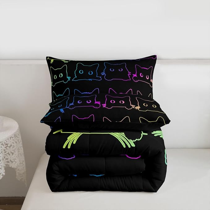 Erosebridal Cute Cats Bedding Set Queen Kawaii Cat Pet Comforter Colorful Neon Ombre Animal Line Down Lovely Lovers Room Decor Lightweight Duvet For Teens Children Boy Girl,Multi 362