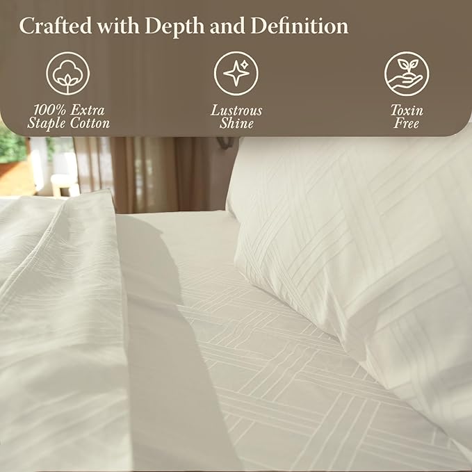 Threadmill Luxury 100% Cotton Queen Bed-Sheets - 800 Thread Count Jacquard Celine Ivory, Better Than Egyptian Cotton,4 Pc Striped Bed Set, Damask Sheets with Elasticized Deep Pocket