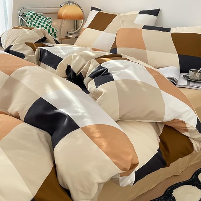 Hosueri Black White Brown and Cream Plaid Comforter Set Full Size Teen Boys Girls Warm Comfy Multicolor Beige Grid Distorted Checkered Bed Quilts Soft 3 Piece Preppy Modern Dorm Bedding Blankets Full