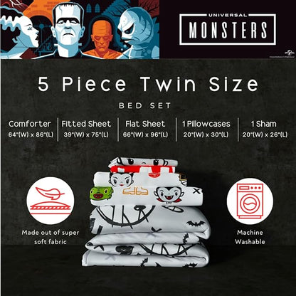 Universal Little Monsters Halloween 5 Piece Twin Bedding Set - Super Soft Cozy Reversible Comforter and Sheet Set with Sham, (Officially Licensed Product) by Franco