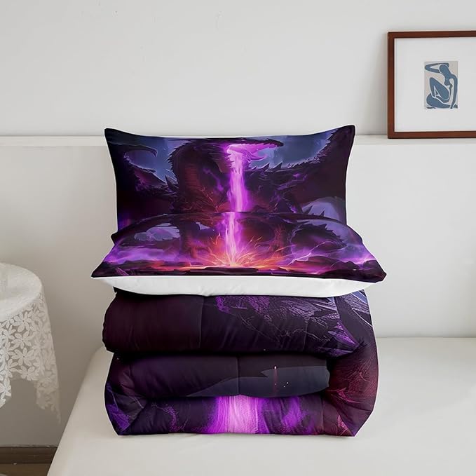 Castle Fairy Dragon 3 Pcs King Size Comforter Set,Mysterious Western Animals Down Alternative Adults Bedroom Decor,Purple Lightning Flame Ultra Soft Microfiber Inner Fill 3Pcs Bedding