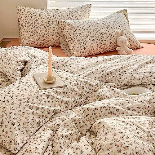 LifeTB Aesthetic Floral Duvet Cover King Cozy Boho Pink Flower Cotton Bedding Set Farmhouse Vintage Botanical Flower Duvet Cover Cute Floral Comforter Cover Girls Cottagecore Duvet Cover Set King
