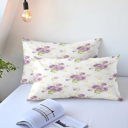 Women Girls Purple White Flowers Comforter Set Queen Size, 3Pcs Vintage Roses Bedding Sets for Girls Room Decor, 100% Washed Microfiber, Includes 1 Comforter 90"x90" and 2 Pillowcases