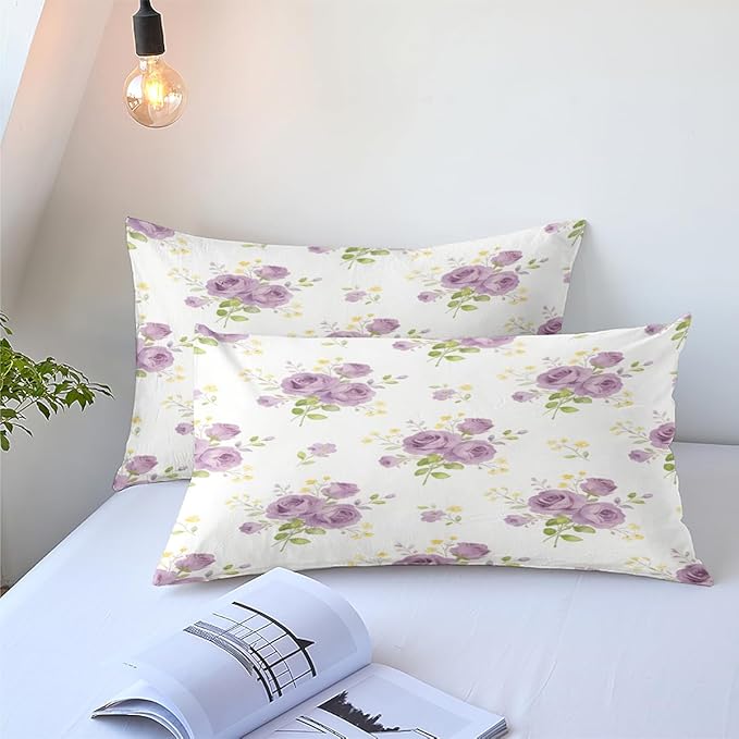 Girls Women Purple White Flowers Bedding Set, Full Size 3-Piece Botanical Floral Bed Set for Girls Room Decor with Comforter 79"x 90" and 2 Pillowcases for All Season