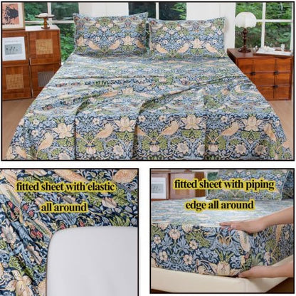FADFAY Twin 100% Egyptian Cotton Sheets Set 4 Piece, Vintage Botanical Floral Bird Print, Luxury Soft Breathable Cooling Deep Pocket Bed Sheets, Hotel Quality Bedding for Hot Sleepers All Season