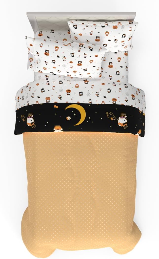 Sanrio Hello Kitty Halloween Pumpkin Twin Bed Set – Super Soft & Cozy 4 Piece Reversible Comforter and Sheet Set (Officially Licensed Product) by Franco