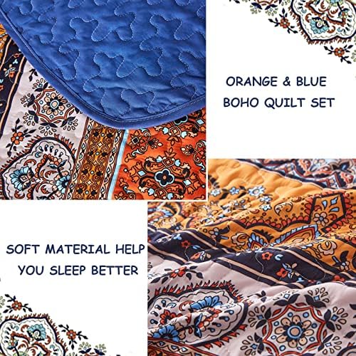 WONGS BEDDING Boho Queen Quilt Bedding Set, 3 Pieces Bedspread, Blue Orange
