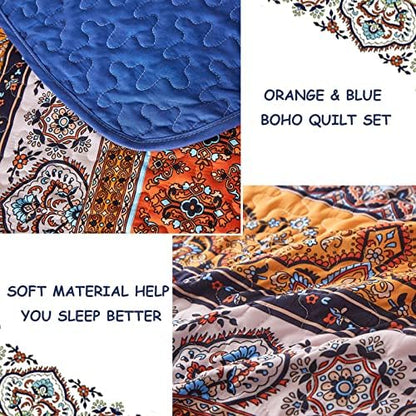 WONGS BEDDING Boho Queen Quilt Bedding Set, 3 Pieces Bedspread, Blue Orange