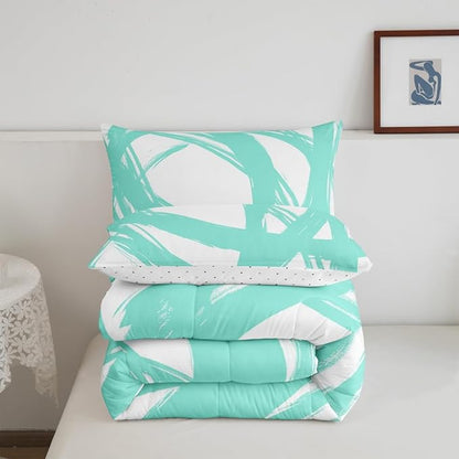 Turquoise and White Abstarct Comforter Set Twin Size for Kids Boys Girs,Graffiti Stripes Lines Bedding Set,Aesthetic Geometric Duvet Insert for Minimalists,Contemporary Boho Modern Art Quilt