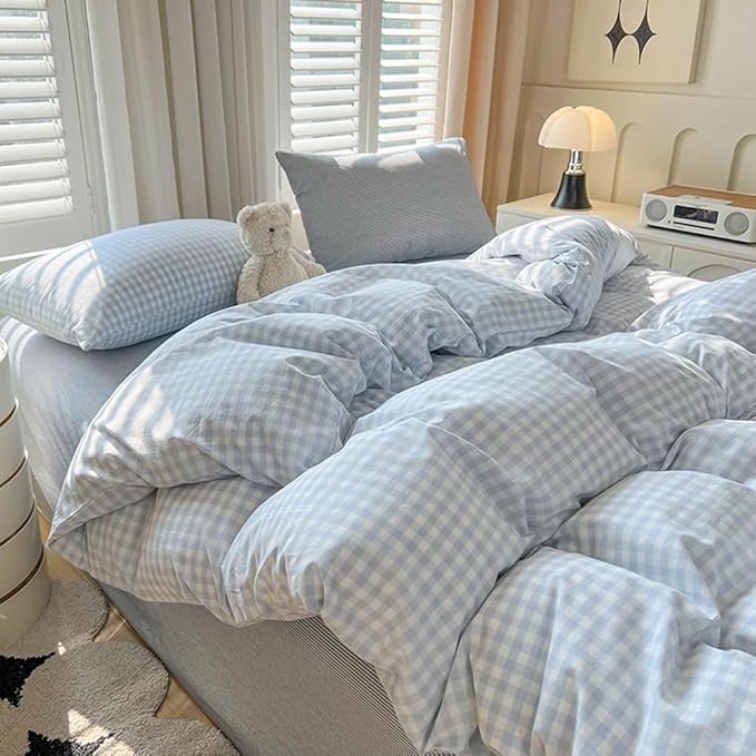 Nayoroom Gingham Duvet Cover Full Size Blue White Plaid Checkered Comforter Cover Grid Farmhouse Bedding Set 3 Pcs Soft Breathable Washed Microfiber Gifts for Women Men