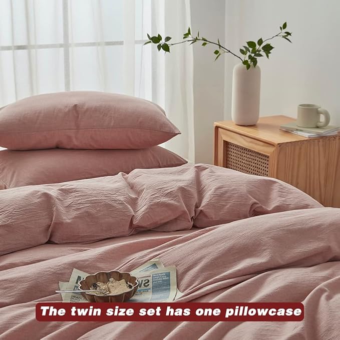 FACE TWO FACE Bedding Duvet Cover Set100% Washed Cotton Duvet Cover Linen Like Textured Breathable Durable Soft Comfy (Twin, Old Pink)