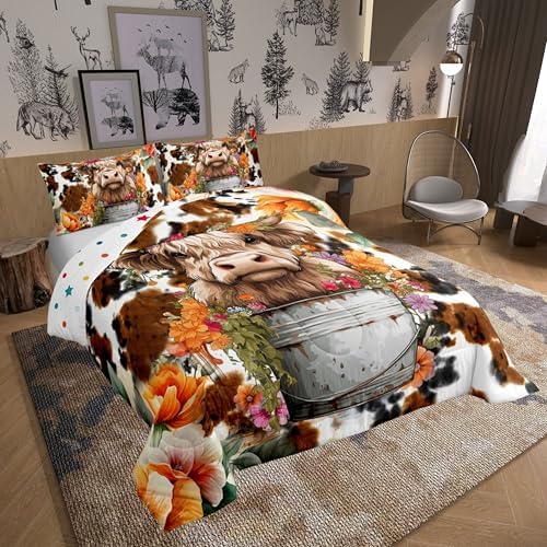 Highland Cattle Cup Comforter Set for Kids Adults,Retro Cow Skin Farmhouse Animal Soft Bedding Comforter Sets King,Watercolor Wild Flowers Rustic Style Quilt Comforter with 2 Pillowcases