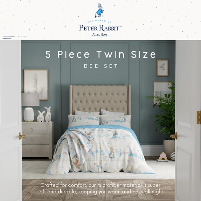 Franco Peter Rabbit Easter Kids Bedding Super Soft & Cozy Reversible Microfiber Comforter and Sheet Set with Sham, 5 Piece Twin Size, (Officially Licensed Product)