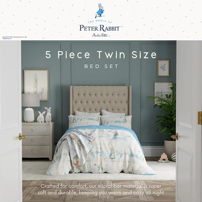 Franco Peter Rabbit Easter Kids Bedding Super Soft & Cozy Reversible Microfiber Comforter and Sheet Set with Sham, 5 Piece Twin Size, (Officially Licensed Product)