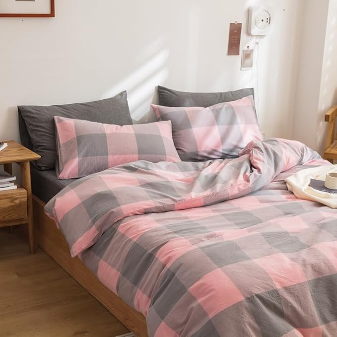 FACE TWO FACE Bedding Duvet Cover Set100% Washed Cotton Duvet Cover Linen Like Textured Breathable Durable Soft Comfy (Full, Grey Powder Grid)