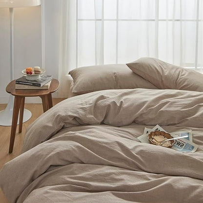 FACE TWO FACE Bedding Duvet Cover Set100% Washed Cotton Duvet Cover Linen Like Textured Breathable Durable Soft Comfy (Queen, Khaki)