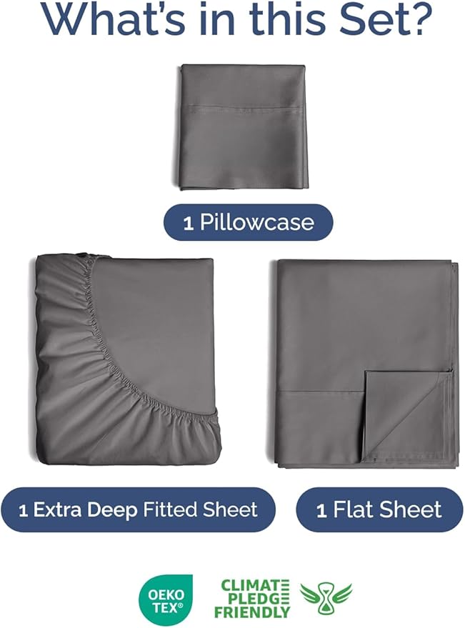 Extra Deep Pocket Twin Size Sheet Set - 3 Piece Breathable & Cooling Bed Sheets - Hotel Luxury Bedding with 16 to 21 inch Extra Deep Pockets - Soft, Fade and Wrinkle Resistant - Oeko-Tex - Dark Grey
