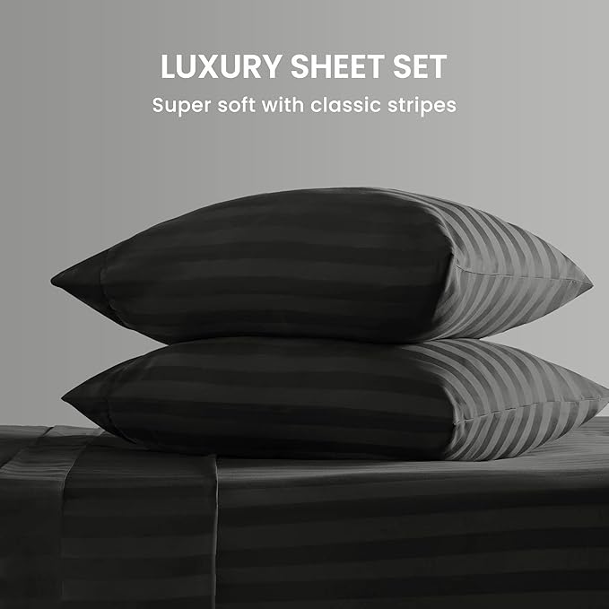 SLEEP ZONE Striped Cooling Sheets Set Full Size - Fitted Flat Sheet & Pillowcase Sets 4 Piece - Super Soft Stripe Bed Sheet, Easy Care, Deep Pocket (Black, Full)
