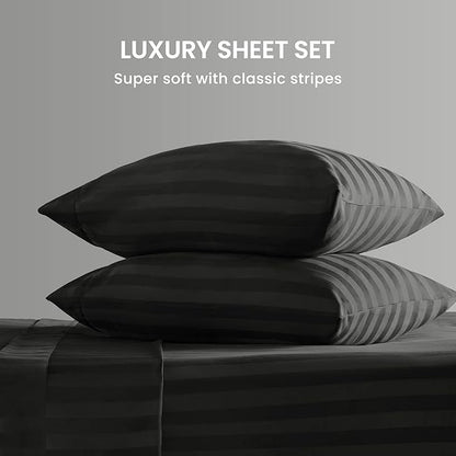 SLEEP ZONE Striped Cooling Sheets Set Full Size - Fitted Flat Sheet & Pillowcase Sets 4 Piece - Super Soft Stripe Bed Sheet, Easy Care, Deep Pocket (Black, Full)