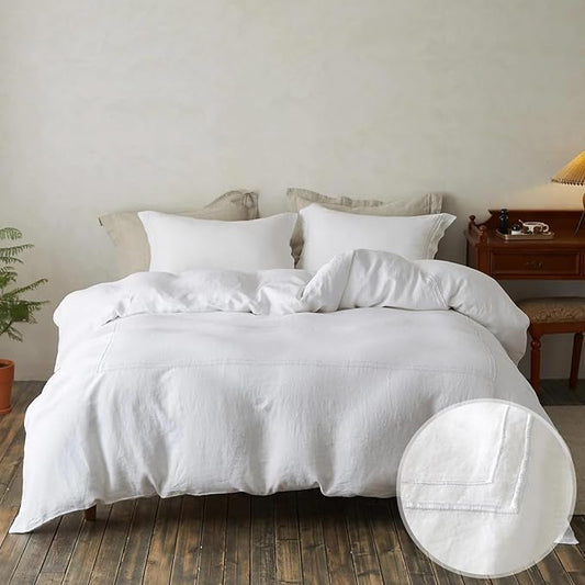 Simple&Opulence 100% Washed Linen Duvet Cover Set 88"x92" - 3 Pieces Soft Farmhouse Comforter Cover Set Double Embroidered with Button Closure - 1 Duvet Cover and 2 Pillowshams (White, Queen)
