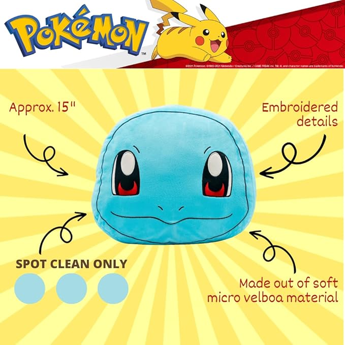 Pokemon Squirtle Decorative Plush Pillow – Anime Bedding Accent for Kids – Super Soft, One Size – (Officially Licensed Product) by Franco