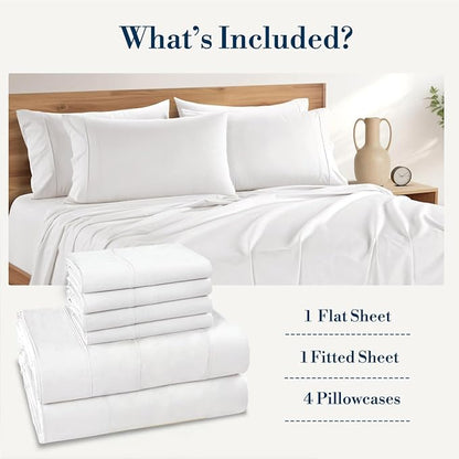 Casa Platino Full Sheets Set –100% Cotton Full Sheets with 4 Pillowcases, Lightweight Feel & Secure Fit, Crisp & Breathable Percale Weave with 15" Deep Pocket, Soft and Cozy – Pure White