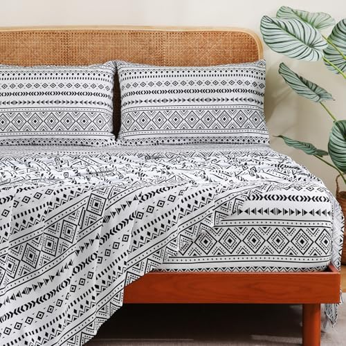 CozySmile King Size Sheet Set 4 Piece,Soft & Breathable Bedding Deep Pocket 16" Cooling Wrinkle Free Comforter Bed Set Western Sheets Geometric(King, Black White Geometric)