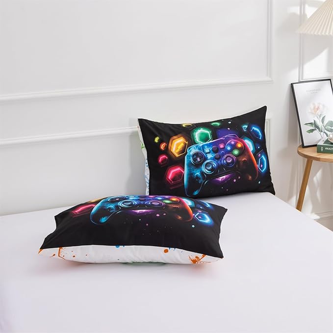 Aimuan Gamer Gaming Bedding Sets 3D Gamepad Comforter Sets for Boys Games Console Action Buttons Novelty Colorful Game Controller Modern Room Decor Home Quilt Set (Black-Multi, Queen 3PCS)