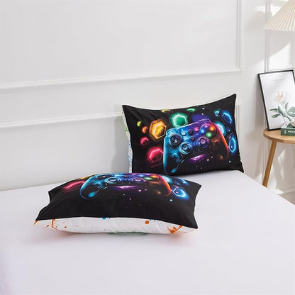 Aimuan Gamer Gaming Bedding Sets 3D Gamepad Comforter Sets for Boys Games Console Action Buttons Novelty Colorful Game Controller Modern Room Decor Home Quilt Set (Black-Multi, Queen 3PCS)