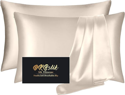 Silk Pillow Cases 2 Pack, Mulberry Silk Pillowcases Standard Set of 2, Health, Smooth, Anti Acne, Beauty Sleep, Both Sides Natural Silk Satin Pillow Cases for Women 2 Pack with Zipper for Gift, Beige