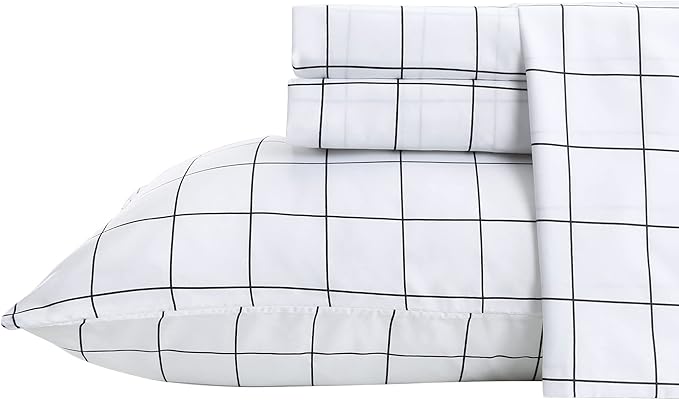 Best Season Printed Plaid Bed Sheet Set 3 Pieces - Twin Size - Double Brushed Microfiber Super Soft Breathable Bedding Sheets Black Grid