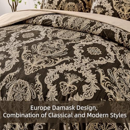 WONGS BEDDING 7 Pieces Comforter Set Queen Size,Damask Texture Design Bed in a Bag Bedding Sets,Brown Soft Lightweight Microfiber Bedding Set for All Season