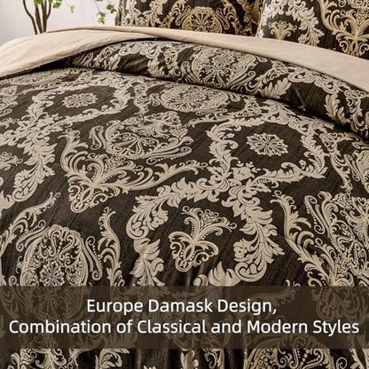 WONGS BEDDING 7 Pieces Comforter Set Queen Size,Damask Texture Design Bed in a Bag Bedding Sets,Brown Soft Lightweight Microfiber Bedding Set for All Season