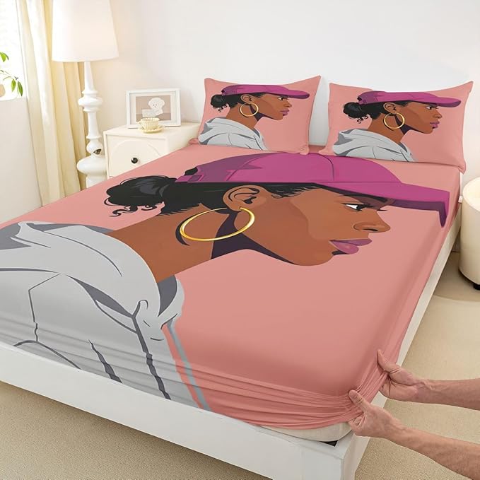 Erosebridal Black Girls Girls Bed Sheets Queen Size Fashion Black Woman Fitted Sheet Vogue Fashionable Gorgeous Bedding Set for Kids Children Women Bedroom Decor African Princess Magical Sheets